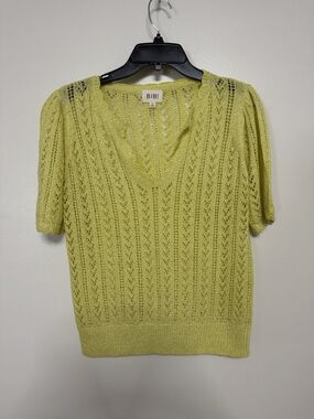 BiBi Polo Sweater Top Sm Yellow Short Sleeve Lightweight Cottagecore Lace Knit